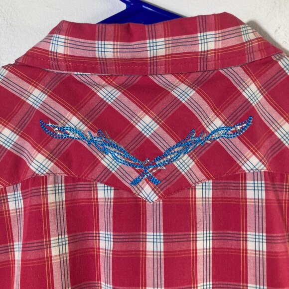 Womens Bit & Bridle Pearl Snap Western Plaid Shirt Embroidered M Pink White Blue - Picture 6 of 9